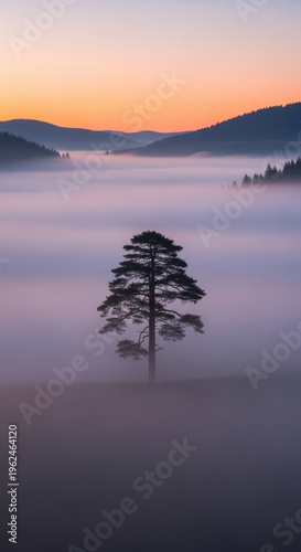 Wallpaper Mural Solitary pine tree fog valley dawn minimalist moody landscape conifer sunrise pastel horizon Torontodigital.ca