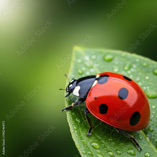 Wallpaper Mural Red ladybug green leaf dew closeup shiny shell black spot insect macro nature vibrant Torontodigital.ca