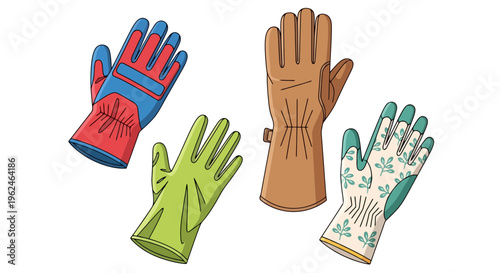 Set of diverse garden and work gloves for farming, gardening, and manual labor protection, isolated on white background