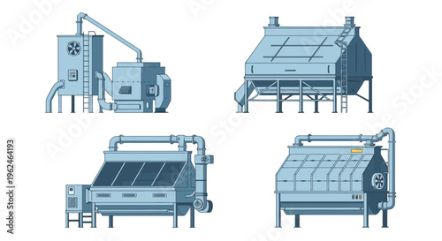 Industrial Grain Processing and Drying Equipment Vector Illustrations for Agricultural Storage and Agribusiness