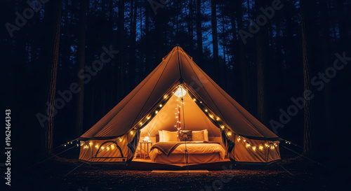 Wallpaper Mural Cozy luxury bell tent glamping bed fairy lights warm glow plush pillows forest night inviting atmosphere Torontodigital.ca