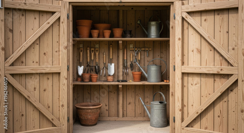 Wallpaper Mural Neat wooden garden shed interior with clay pots, hand tools and metal watering cans arranged on shelves, warm rustic texture and tidy organization Torontodigital.ca