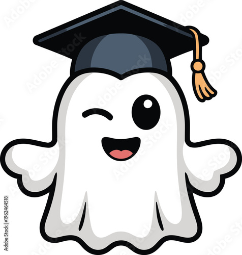 A funny and cheerful cartoon ghost wearing a graduation cap and tassel playfully winking at the viewer