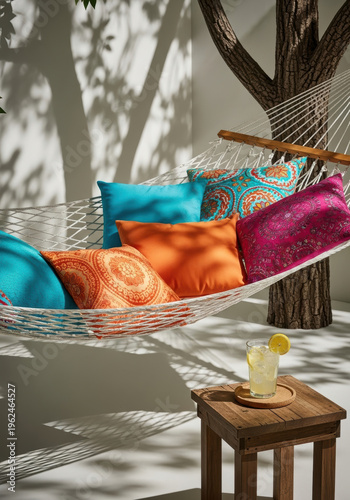 Wallpaper Mural Serene outdoor nook with comfortable hammock vibrant pillows and glass of lemonade on small table under soft dappled sunlight afternoon sunny table Torontodigital.ca