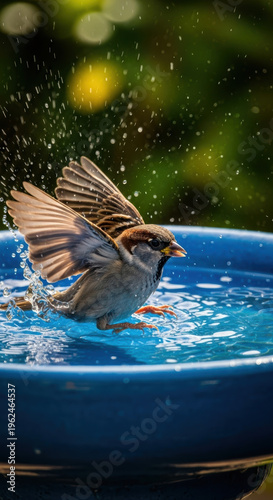 Wallpaper Mural Sparrow splashes in ceramic birdbath, wings raised and water droplets frozen in warm dappled garden light, joyful motion and fresh morning moisture Torontodigital.ca