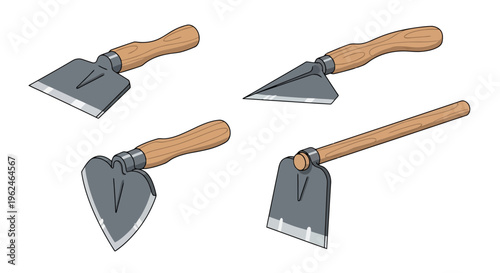 Set of Four Traditional Manual Gardening Tools for Soil Tilling and Weeding, Hand Hoes with Wooden Handles, Vector Illustration Isolated on White Background