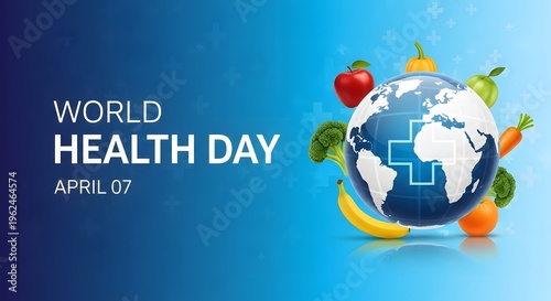 A vibrant illustration celebrates world health day on april 7th with fresh produce encircling earth high quality professional detailed modern elegant stylish