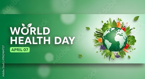 A vibrant world health day banner features a globe surrounded by fresh produce and greenery high quality professional detailed modern elegant stylish