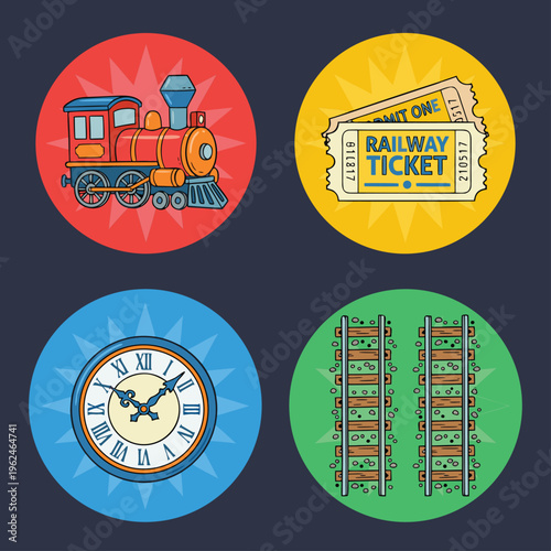 Set of four circular icons related to trains and travel.