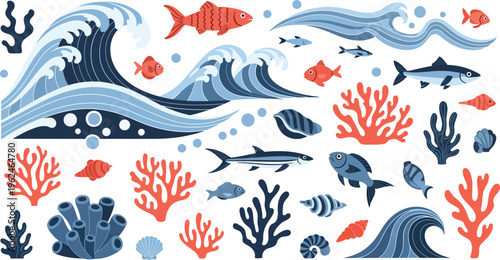 Colorful ocean waves and marine life illustrations on white background with coral and fish