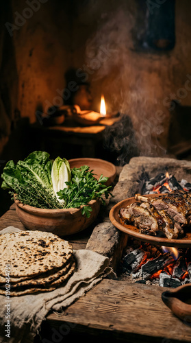 Traditional passover seder meal with roasted lamb shank and unleavened bread.