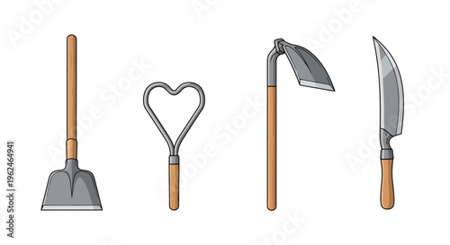 Set of Traditional Farm and Garden Hand Tools Including Shovel, Hoe, and Sickle Knife Isolated on White Background