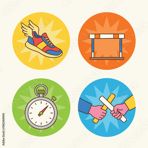 Set of four circular icons representing athletics and track and field sports.