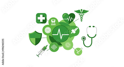 Comprehensive Healthcare Services & Wellness Network Icons - Integrated Medical Solutions and Digital Health Concept in Green Vector Illustration