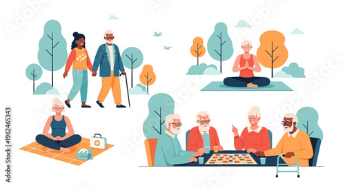 Diverse Seniors Embracing Active Aging: Yoga, Walks, and Board Games for a Healthy Lifestyle