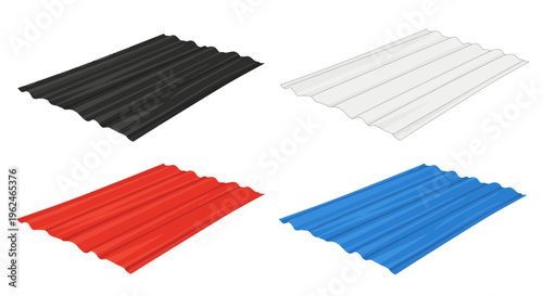 Set of corrugated metal roofing sheets in black, white, red, and blue for farm buildings, barns, and industrial sheds