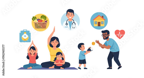 Holistic Family Well-being: Healthy Lifestyle, Medical Care, Home, and Financial Security Concept Illustration