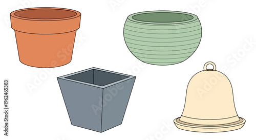 Set of garden pots and planters for farming and gardening illustration, terracotta, ceramic and square flower pots