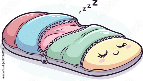 Cartoon vector illustration of sleeping character in colorful sleeping bag with stars and dreamy atmosphere, design for children, education, and creative projects