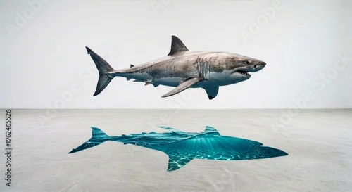 Fototapeta Rekin unoszący się w białym pomieszczeniu którego cień wygląda jak głębia oceanu