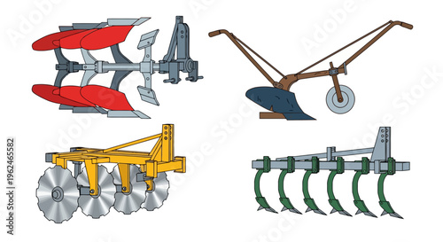 Collection of Agricultural Machinery and Soil Tillage Tools Including Plows, Disc Harrow and Cultivator for Farm Field Preparation