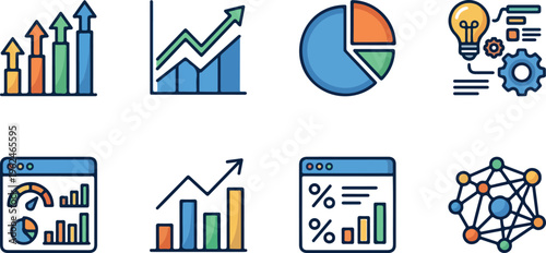 Data visualization and analytics vector icon set with charts, graphs, dashboard, statistics, business intelligence, and digital reporting concepts