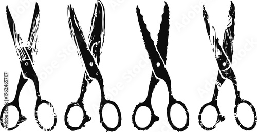 vintage grunge scissors set four isolated old rusty scissors silhouettes with textured distressed effect