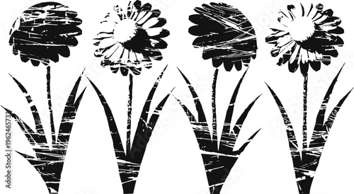 Retro floral silhouettes with distressed texture four stylized flowers with long leaves in vintage black and white design