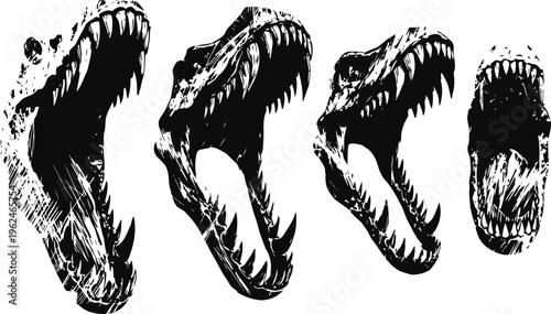 Set of aggressive alligator jaws roaring and wide open silhouette illustrations