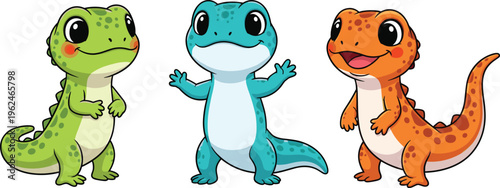 Cute Lizard Cartoon Set with Colorful Gecko Characters in Different Poses Isolated on White Background for Kids Animal Illustration Vector Collection