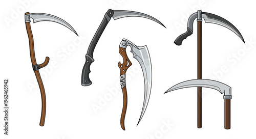 Hand drawn scythe and sickle set for harvesting, traditional agricultural farming tools vector illustration