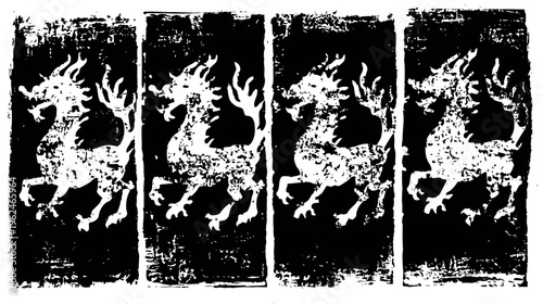 Heraldic lion and griffin silhouettes in distressed black and white vintage design