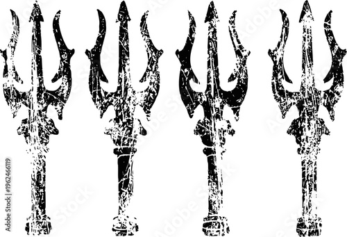 Grunge trident spear silhouettes set mythical weapon design with distressed texture, ancient icons