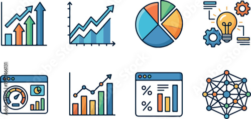 Data visualization and analytics vector icon set with charts, graphs, dashboard, statistics, business intelligence, and digital reporting concepts