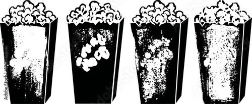 Four popcorn containers filled with popcorn silhouette set, snack food illustration