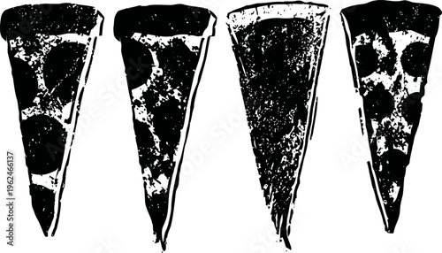 Four black and white pizza slice illustrations with varied toppings in a grunge