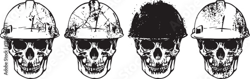 Four skulls wearing construction helmets in black and white grunge illustration