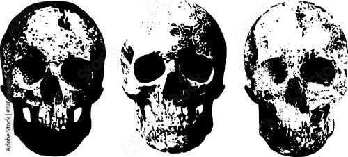 Three grunge skulls black and white detailed silhouette set, spooky halloween gothic skeleton heads