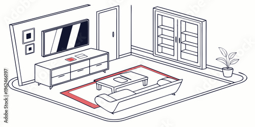 A detailed illustration of a modern bedroom with a bed, wardrobe, and a television.
