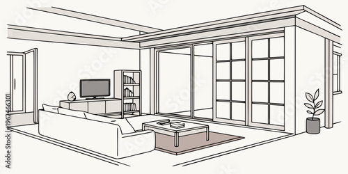 Modern living room with large windows and sliding glass doors leading to a balcony.