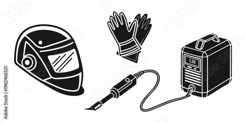 Motorcycle safety equipment including helmet, gloves, and battery tender