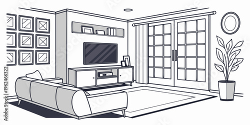 A cozy living room with a television and a view of a bathroom through an open door