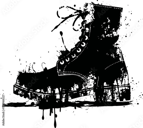 Grunge black combat boot silhouette with paint splatter and ink drip design elements