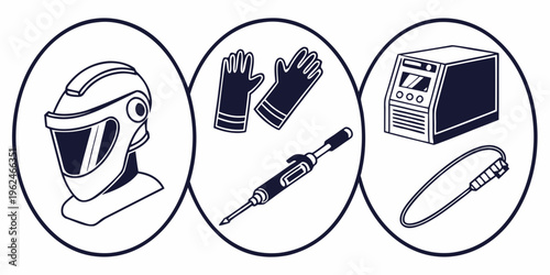 Safety equipment including helmet, gloves, and fire extinguisher