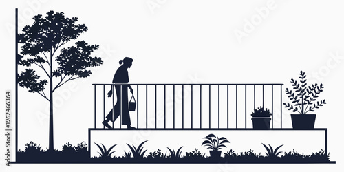 A person walking on a balcony overlooking a garden with a tree and potted plants.