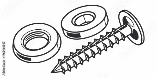 A detailed illustration of a screw with two washers in a mechanical drawing style