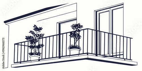 A serene view of a balcony adorned with lush green plants and open windows