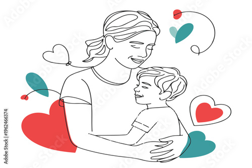 Minimalist continuous line drawing of mother hugging son surrounded by colorful abstract hearts and shapes representing maternal affection