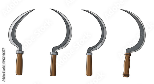 Set of Sickles with Wooden Handles, Agricultural Hand Tools for Harvesting and Gardening, Vector Illustration Isolated on White Background