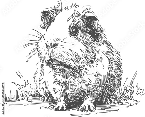 Guinea pig sketch drawing small fluffy rodent sitting on grass with detailed fur texture and curious expression